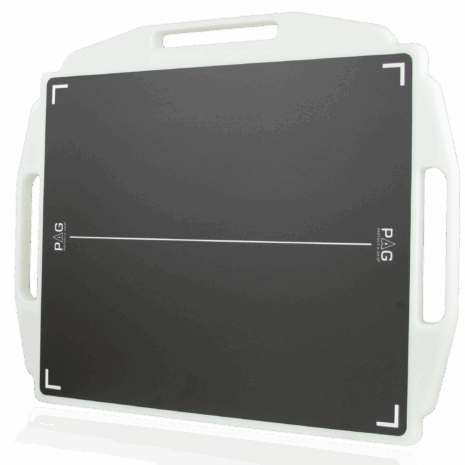 PB3H14_HERO Black X-ray grid with white alignment markers and a white protective frame featuring multiple handles