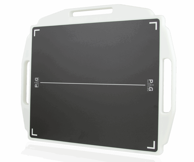 Black X-ray grid with white alignment markers and a white protective frame featuring multiple handles
