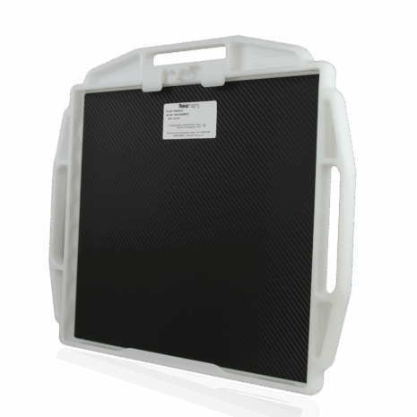 PB3H14_HERO_BACK Black carbon fiber X-ray grid in a white protective frame with multiple handles and a label on the back