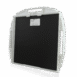 Black carbon fiber X-ray grid in a white protective frame with multiple handles and a label on the back
