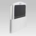 White wall-mounted holder with a black flat panel detector partially inserted.
