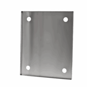 Angled view of a flat metal plate with four circular mounting holes