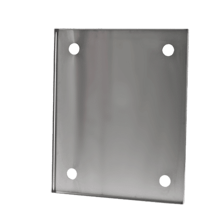 Angled view of a flat metal plate with four circular mounting holes