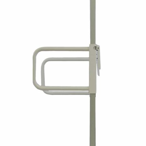 Profile Side view of mobile protective shield with clear panel, handle, and caster wheels