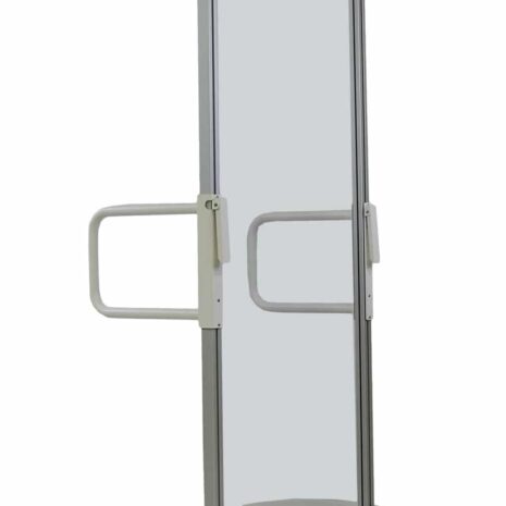 Rear-Angle Mobile protective shield with clear panel, side handles, and caster wheels.