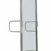 Angled view of mobile protective shield with clear panel, side handles, and caster wheels.