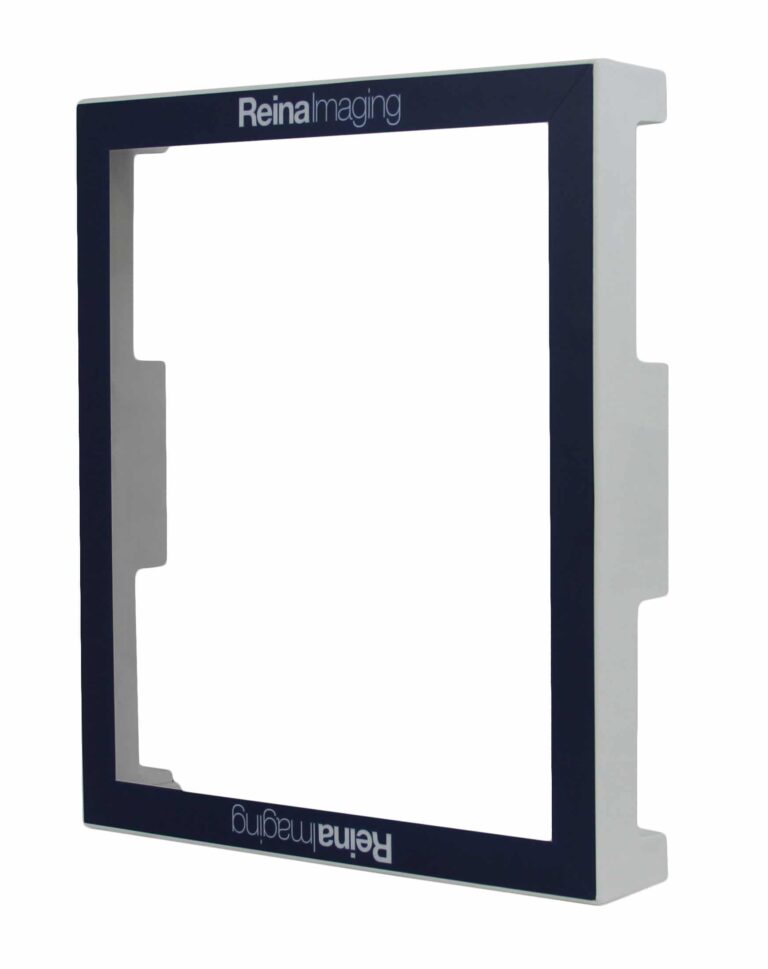 Blue rectangular frame with white inner edges and “Reina Imaging” text at the top and bottom, shown at an angle.
