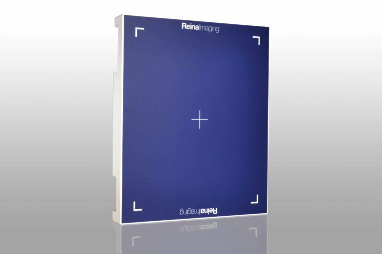 Square imaging panel with a dark blue surface, white frame, and alignment markers at the corners.