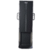Front view of a wall-mounted X-ray film holder with black panel, white alignment line, and dual side handles, featuring a foot platform for upright radiographic imaging