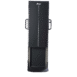 Front view of a wall-mounted X-ray film holder with black panel, white alignment line, and dual side handles, featuring a foot platform for upright radiographic imaging