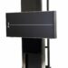 Angled view of a wall-mounted X-ray film holder with black horizontal panel, white alignment line, and metal frame featuring adjustment holes and foot platform.