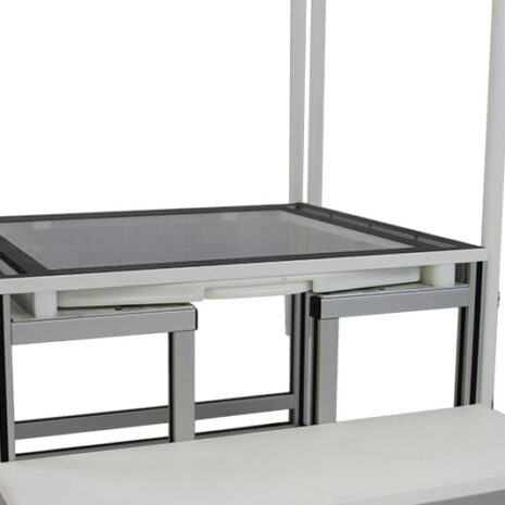 close-front-slot Metal frame structure with a white bench and integrated slots for components