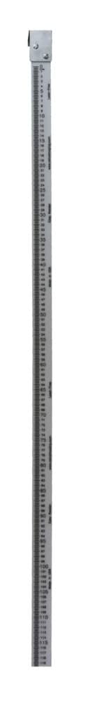 Metal measuring rod with marked scale and a mounting bracket at the top
