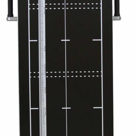 easy-reader_ER51-scaled Black imaging panel with white alignment markers mounted vertically on a silver stand with side handles and a ruler for positioning.