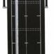 Black imaging panel with white alignment markers mounted vertically on a silver stand with side handles and a ruler for positioning.