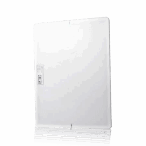 Transparent rectangular panel with a faint vertical center line and a small label on the left side.
