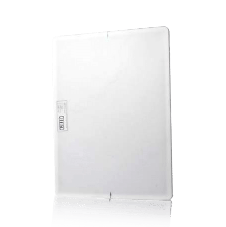 Transparent rectangular panel with a faint vertical center line and a small label on the left side.