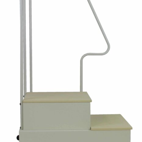 fs2_profile-scaled Side view of a three-step platform with metal handrails and wheels at the base