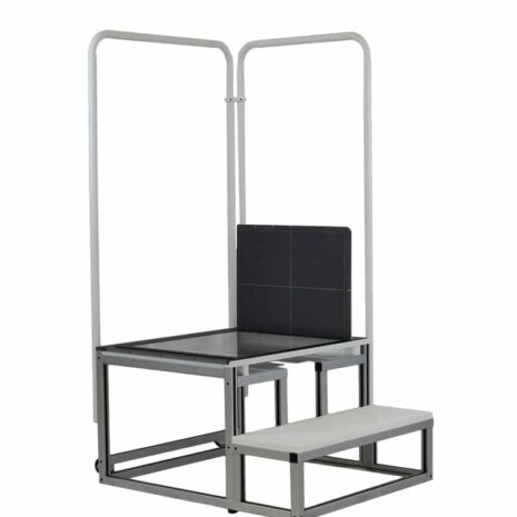 hero-with-dr Metal frame structure with two vertical handles, a square platform, and a lower step