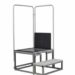 Metal frame structure with two vertical handles, a square platform, and a lower step