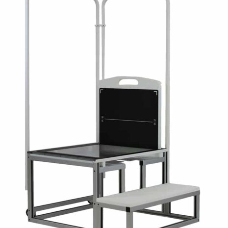 hero-with-pag Metal frame structure with two vertical handles, a square platform, and a removable black panel