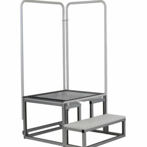 Metal frame structure with two vertical handles, a square platform, and a lower step, shown without back panel