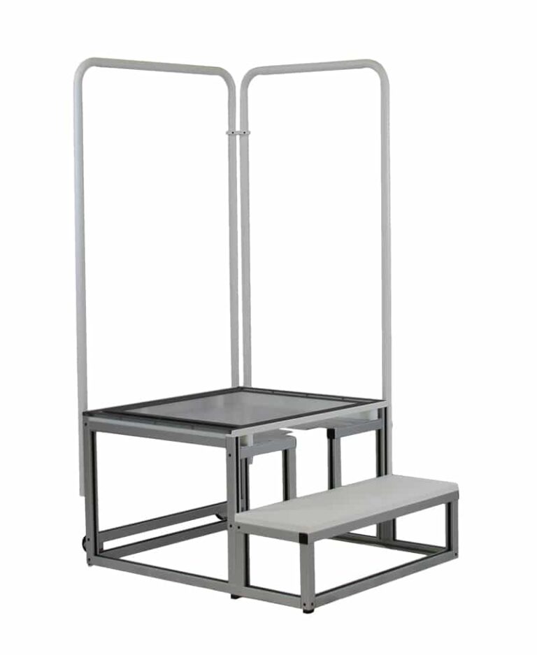 Metal frame structure with two vertical handles, a square platform, and a lower step, shown without back panel