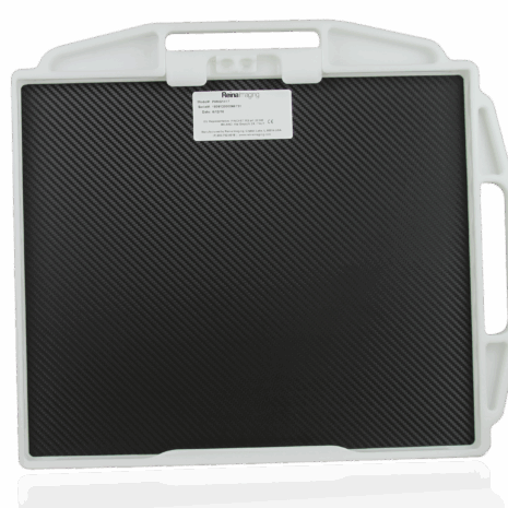 pb2hng14_back-1 Black carbon-fiber imaging panel with a white frame, multiple side handles, and a label at the top center.