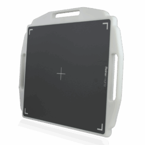 Gray imaging panel with a white frame, alignment markers, and three integrated handles shown at an angle.