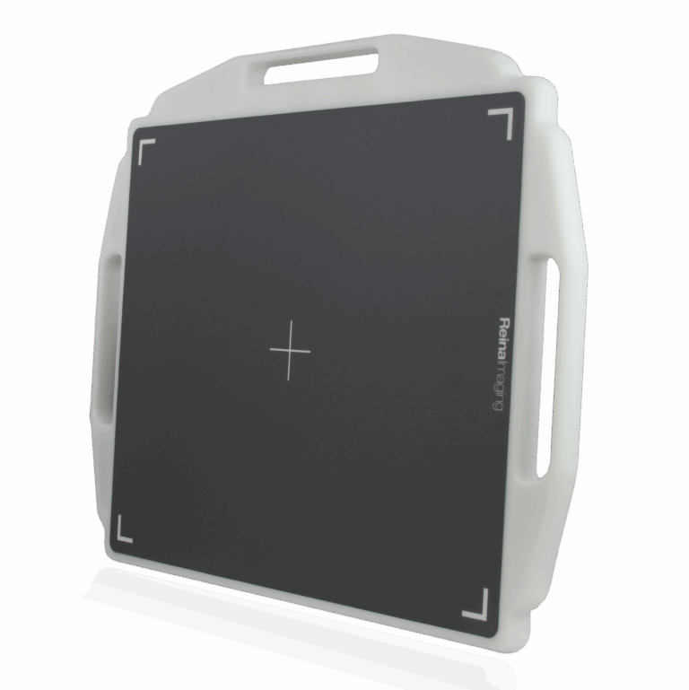 Gray imaging panel with a white frame, alignment markers, and three integrated handles shown at an angle.