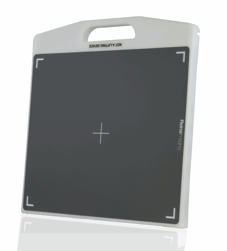 Angled view of a gray panel with white frame, integrated handle, and alignment markers.