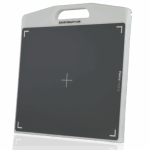 Angled view of a gray panel with white frame, integrated handle, and alignment markers.