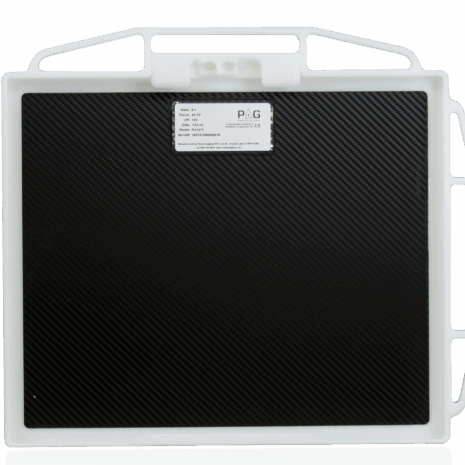 ph1417_back1_no-horizon Back view of a carbon fiber X-ray grid in a white protective frame with multiple handles and a PAG label.