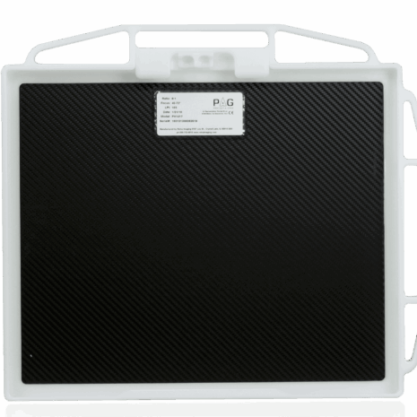 ph1417_back1_no-horizon Black carbon-fiber imaging panel with a white frame, multiple side handles, and a label at the top center.