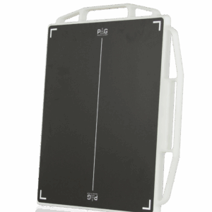 Front angled view of a black X-ray grid with white alignment markers, encased in a white protective frame with multiple handles