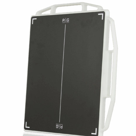 ph1417_hero Front angled view of a black X-ray grid with white alignment markers, encased in a white protective frame with multiple handles