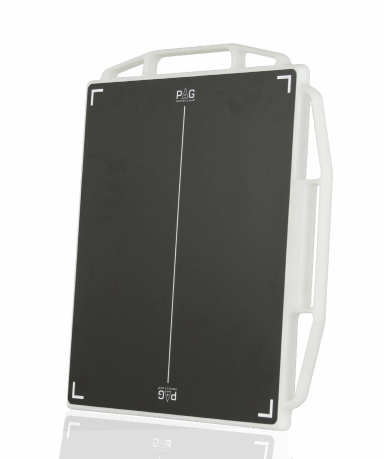 Front angled view of a black X-ray grid with white alignment markers, encased in a white protective frame with multiple handles