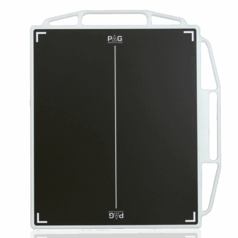 ph1417_no-horizon Front view of a black X-ray grid with white alignment markers, encased in a white protective frame with multiple handles