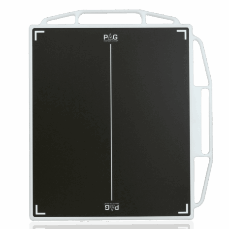 ph1417_no-horizon Black imaging panel with a white frame, alignment markers, and multiple side handles shown upright.
