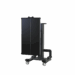 Medical imaging table in upright storage position with wheels