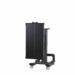 Medical imaging table in upright storage position with wheels