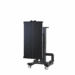 Medical imaging table in upright storage position with wheels