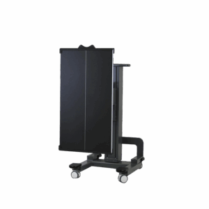 Medical imaging table in upright position with grid panel and wheels