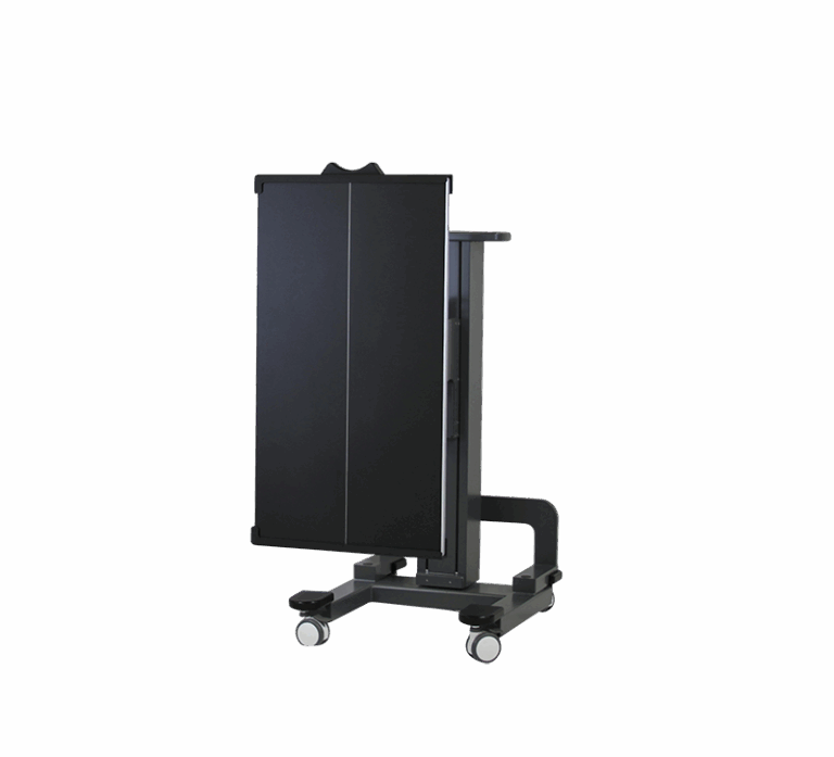 Medical imaging table in upright position with grid panel and wheels