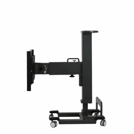posp80i_profile_landscape Adjustable medical imaging table in vertical position with wheels, shown in side profile