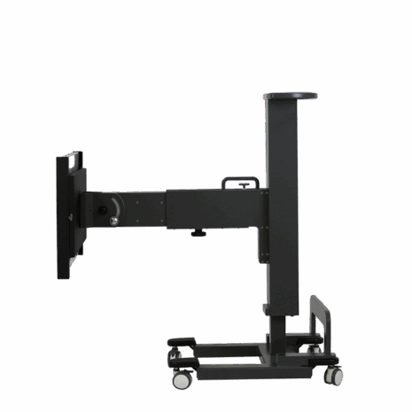 posp80i_profile_landscape1 Adjustable medical imaging table in vertical position with wheels, shown in side profile