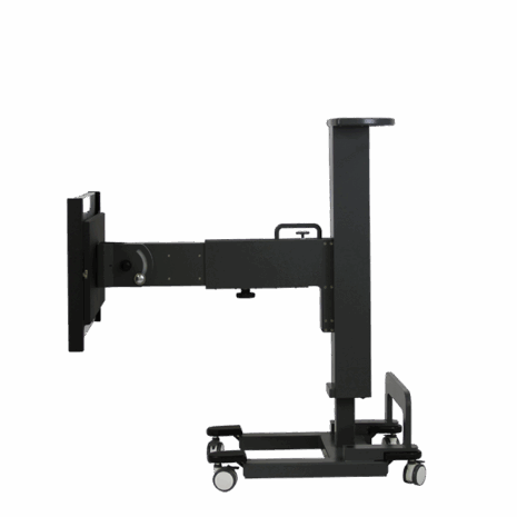 posp80i_profile_landscape2 Adjustable medical imaging table in vertical position with wheels, shown in side profile