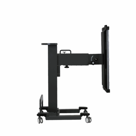 posp80i_profile_portrait3 Adjustable medical imaging table in vertical position with wheels, shown in side profile