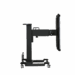 Adjustable medical imaging table in vertical position with wheels, shown in side profile