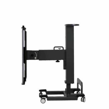posp80i_profile_portriat1 Adjustable medical imaging table in upright position with wheels, shown in side profile